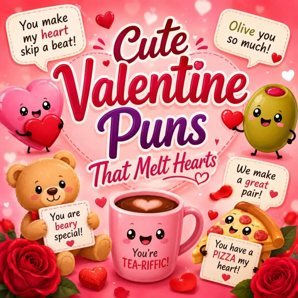 : Cute Valentine puns image with hearts, roses, teddy bear, olive, tea cup, and pizza character