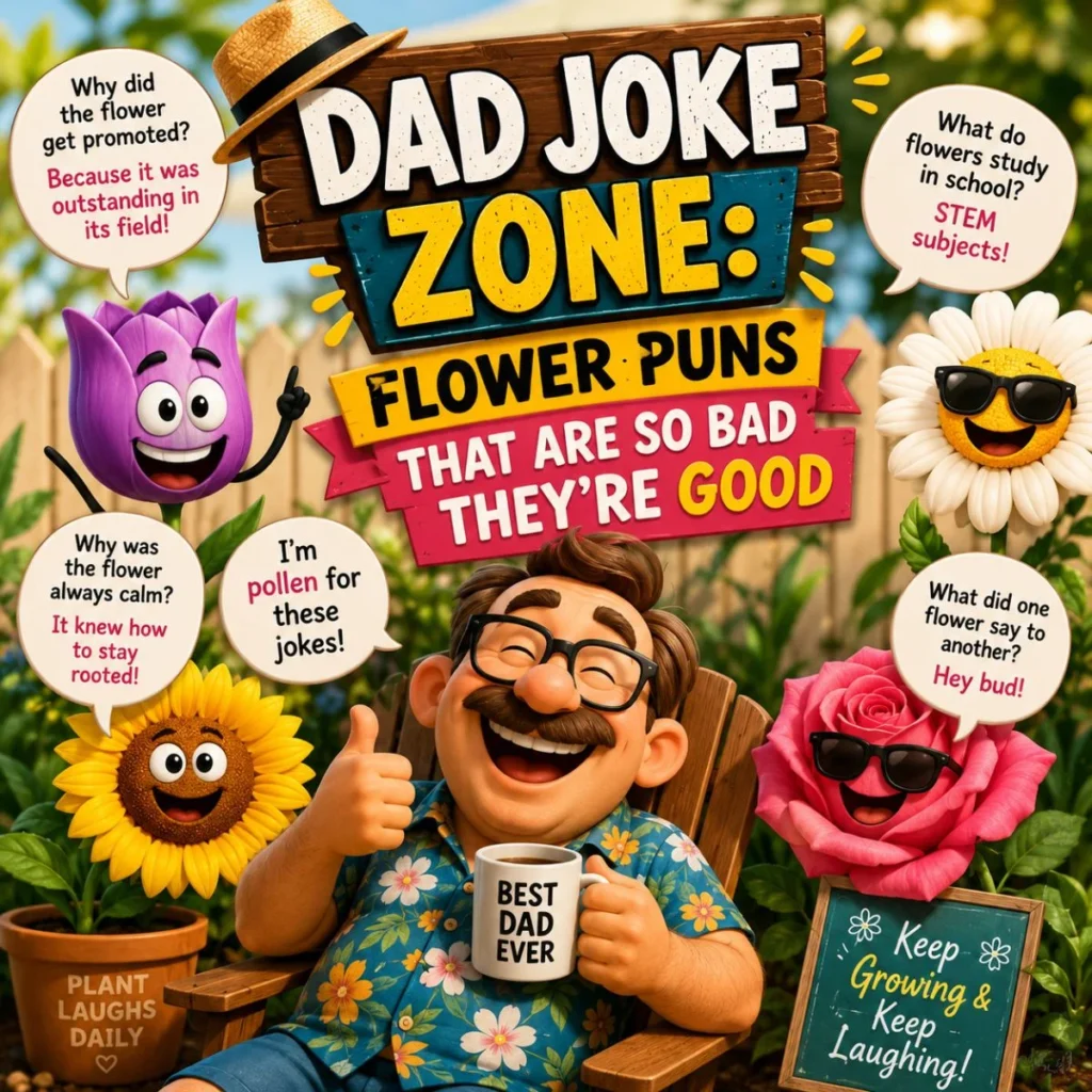 Funny dad joke flower puns image with cartoon dad, smiling flowers, and playful garden jokes