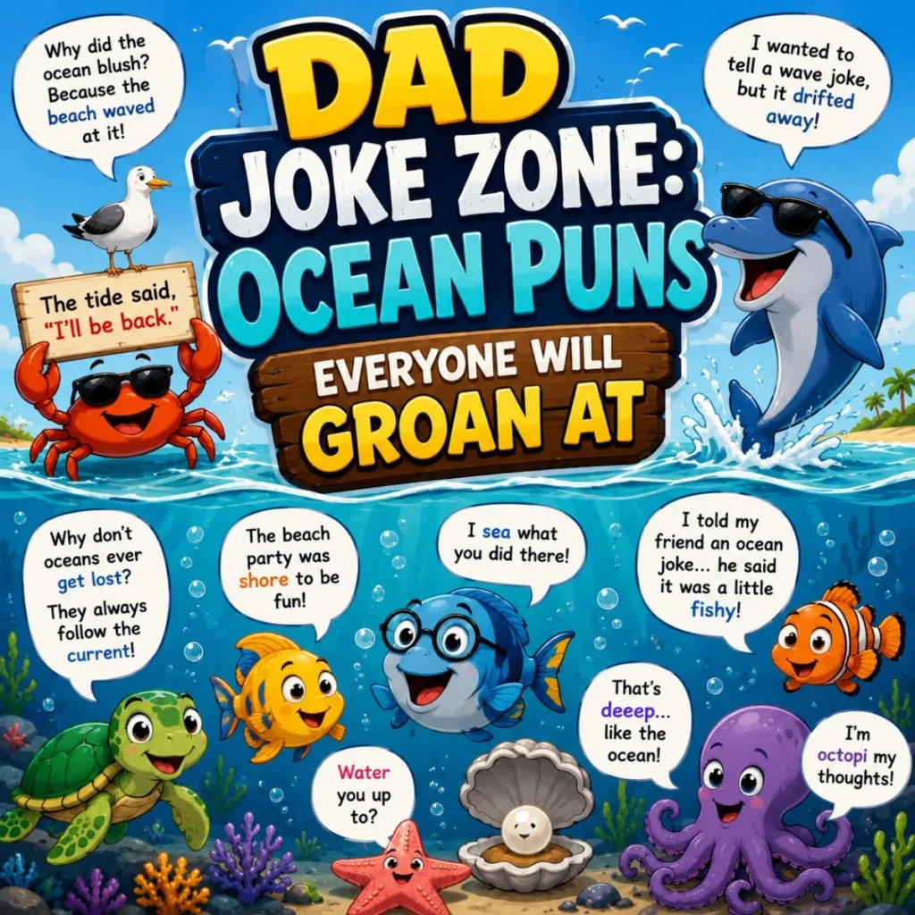 Dad joke ocean puns image with funny sea creatures, waves, speech bubbles, and colorful beach humor