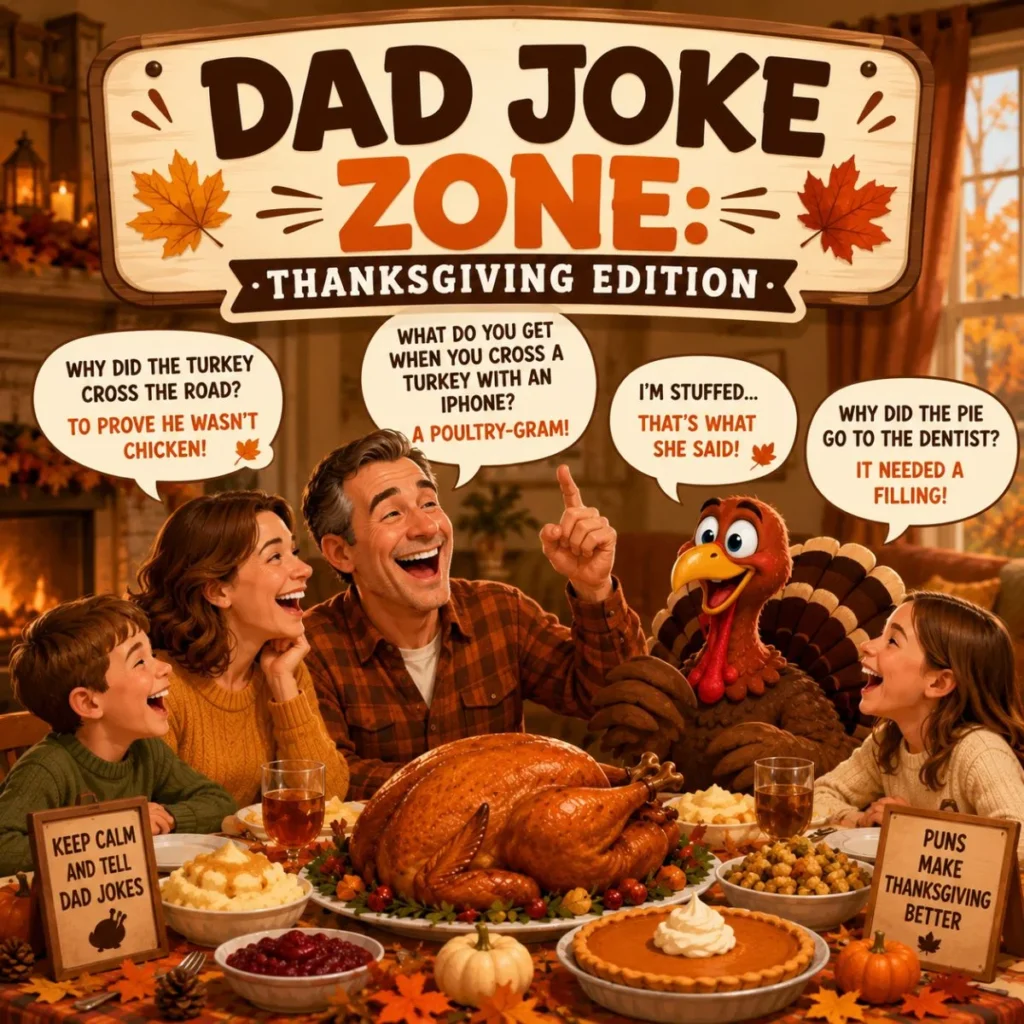 Dad joke Thanksgiving image with laughing family, turkey dinner, autumn decor, and funny pun speech bubbles