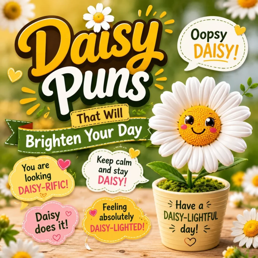Cute daisy puns image with smiling flower, funny wordplay, and cheerful garden background