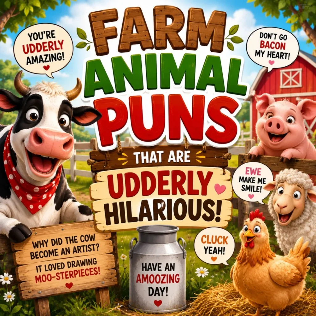 Farm animal puns poster with cow, pig, sheep, chicken, barn, and funny udderly hilarious jokes