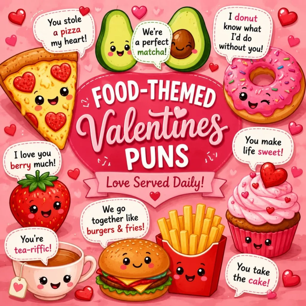 Cute food-themed valentines puns featuring pizza, donut, cupcake, burger, and strawberry cartoon characters