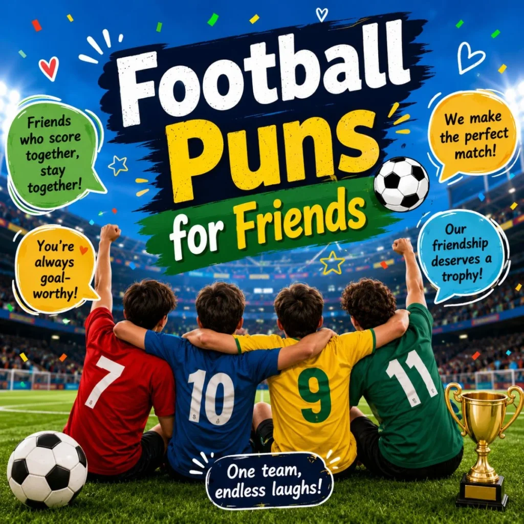 Football puns for friends with teammates celebrating in a stadium and funny soccer-themed friendship quotes