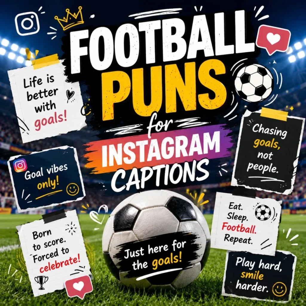 Football puns for Instagram captions with soccer ball, stadium lights, and playful social media quote cards