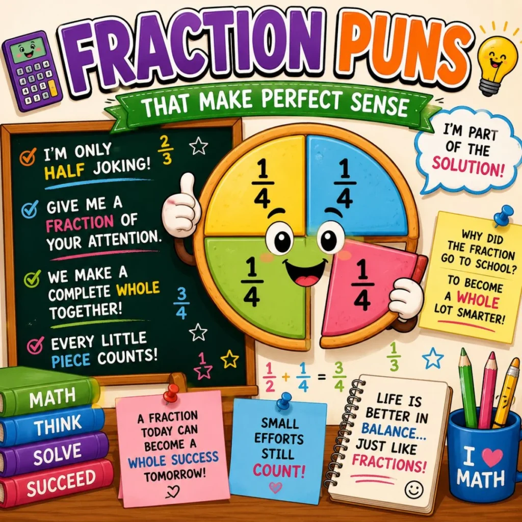 Fraction puns poster with smiling pie chart, classroom chalkboard jokes, colorful fractions, and math learning theme