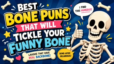 Funny skeleton cartoon with bone puns text and playful humor graphics