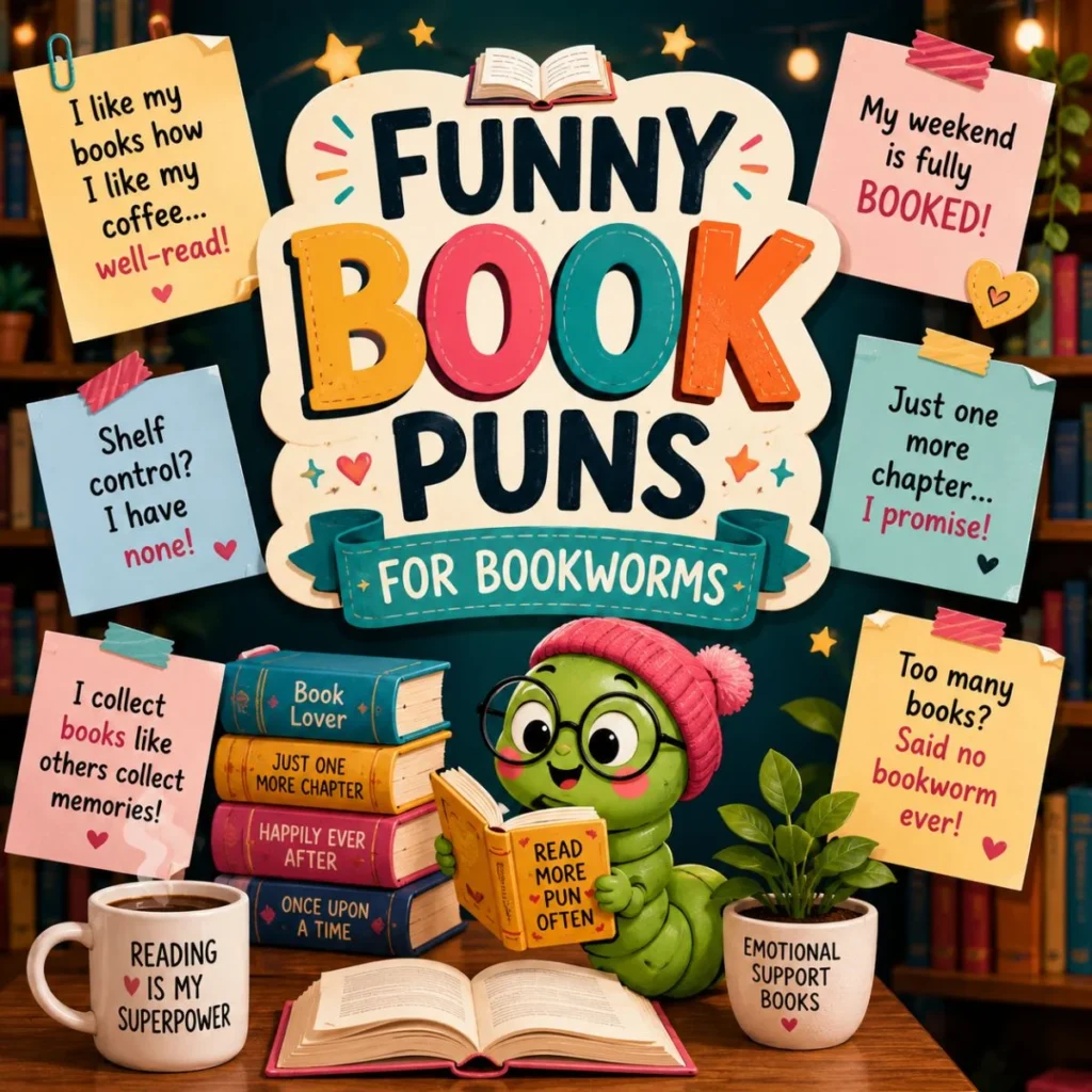 Funny book puns for bookworms with cute reading worm, colorful books, and playful library-themed jokes