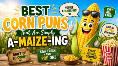Funny corn puns image with smiling cartoon corn, popcorn, and cheerful farm background