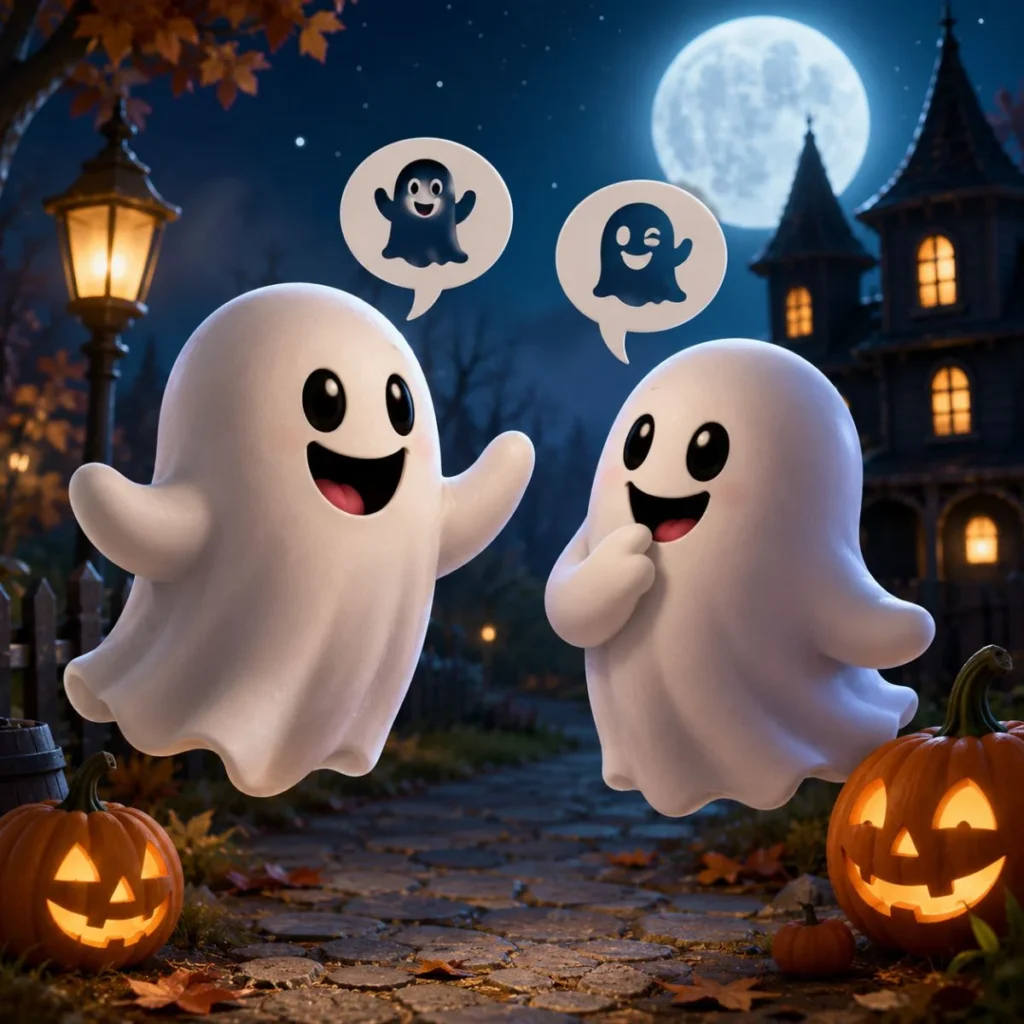 Funny ghost puns image with two cute ghosts laughing near pumpkins in a moonlit Halloween yard