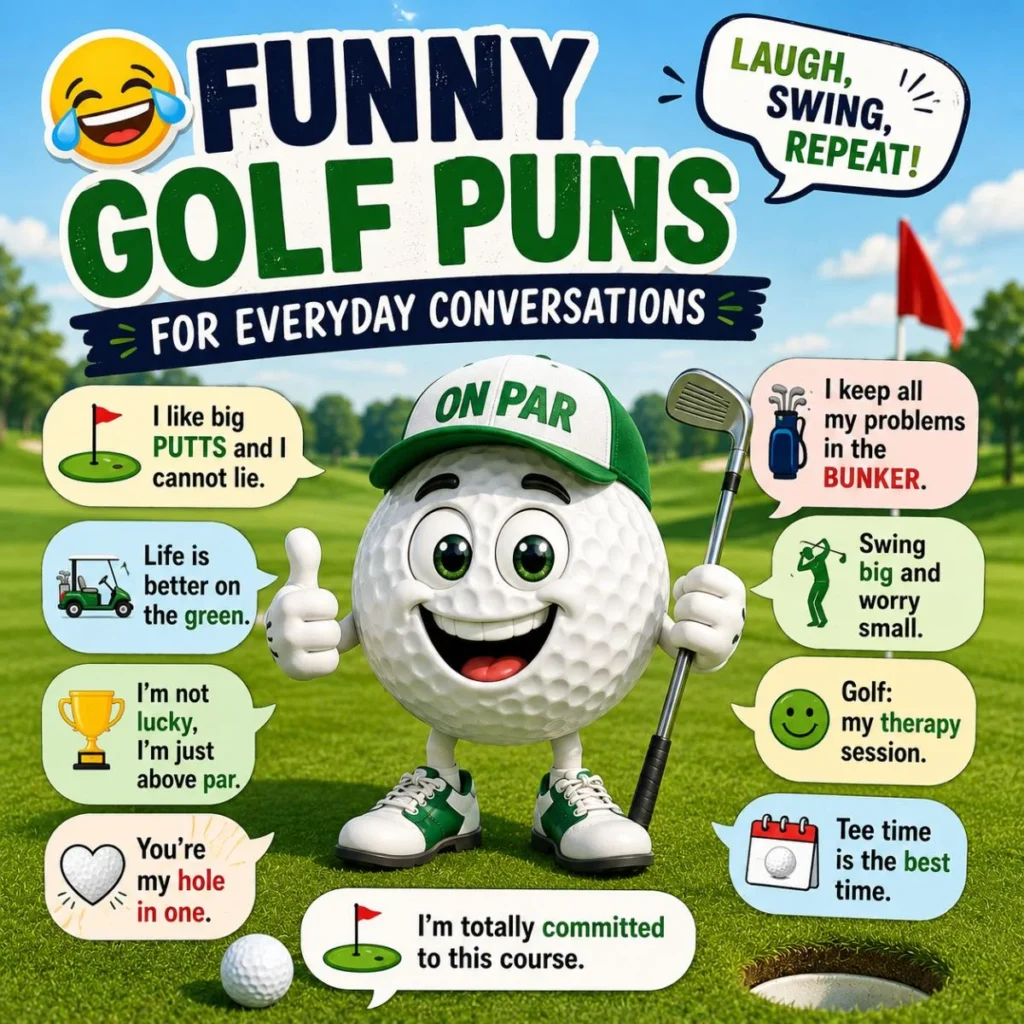 Funny golf puns infographic with smiling golf ball mascot and everyday golf jokes