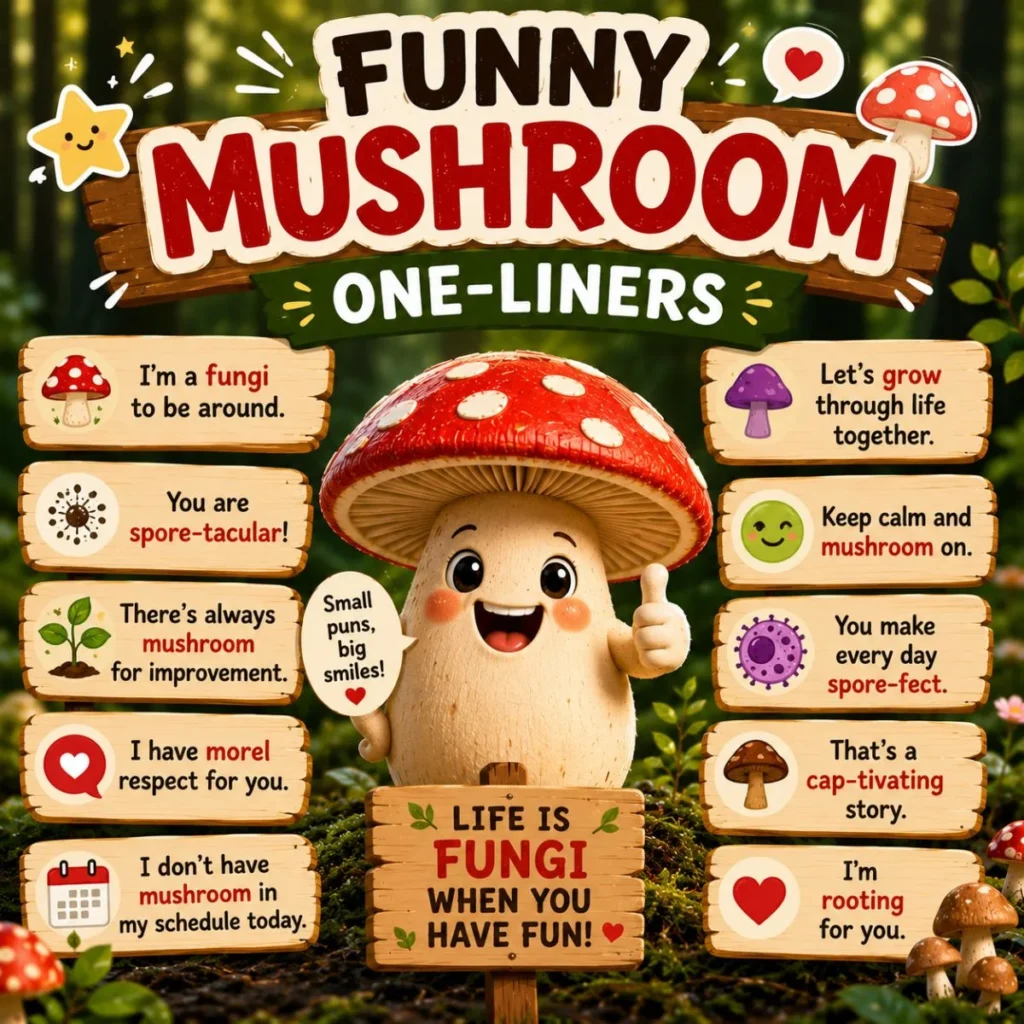Funny mushroom one-liners poster with cute fungi character and playful woodland joke signs