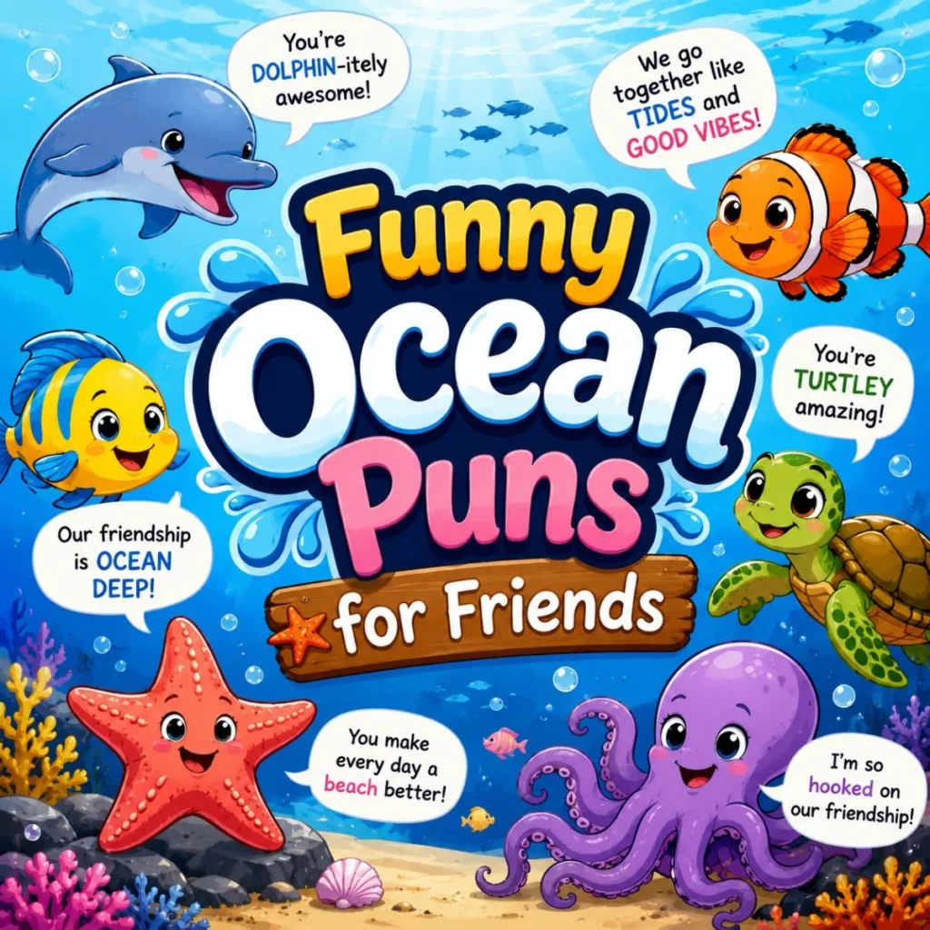Funny ocean puns for friends with smiling dolphin, turtle, octopus, fish, and colorful underwater scene