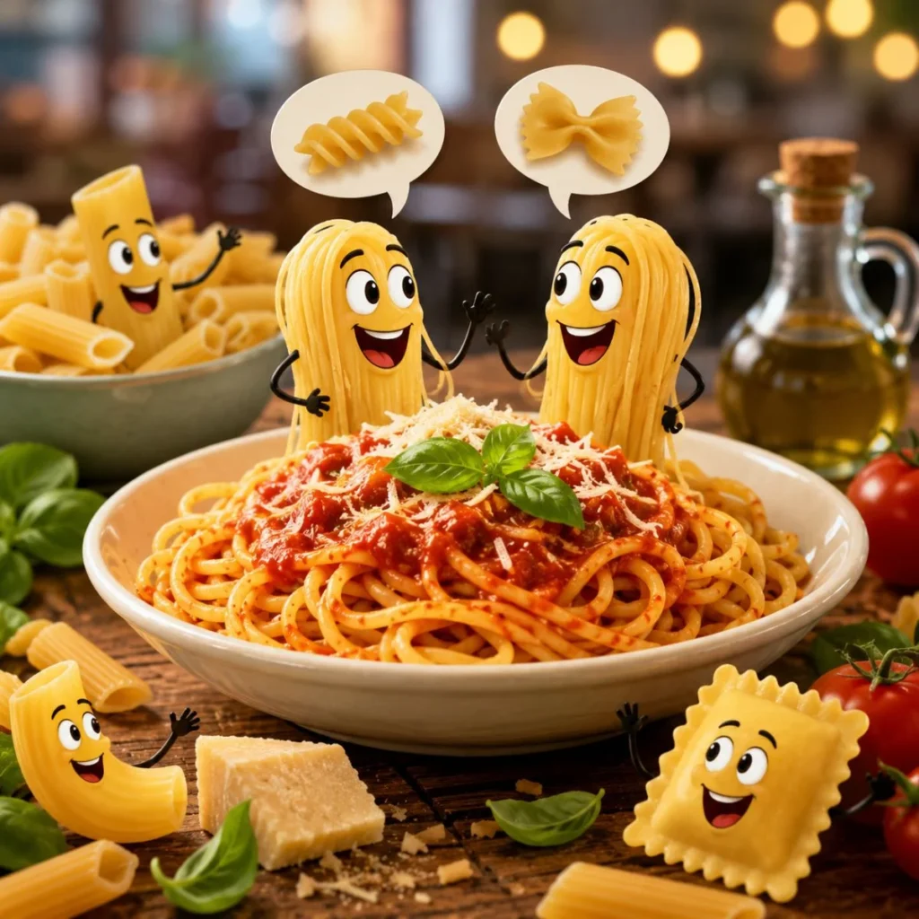 Funny pasta puns conversation with cheerful spaghetti characters sharing laughs around a delicious pasta dish
