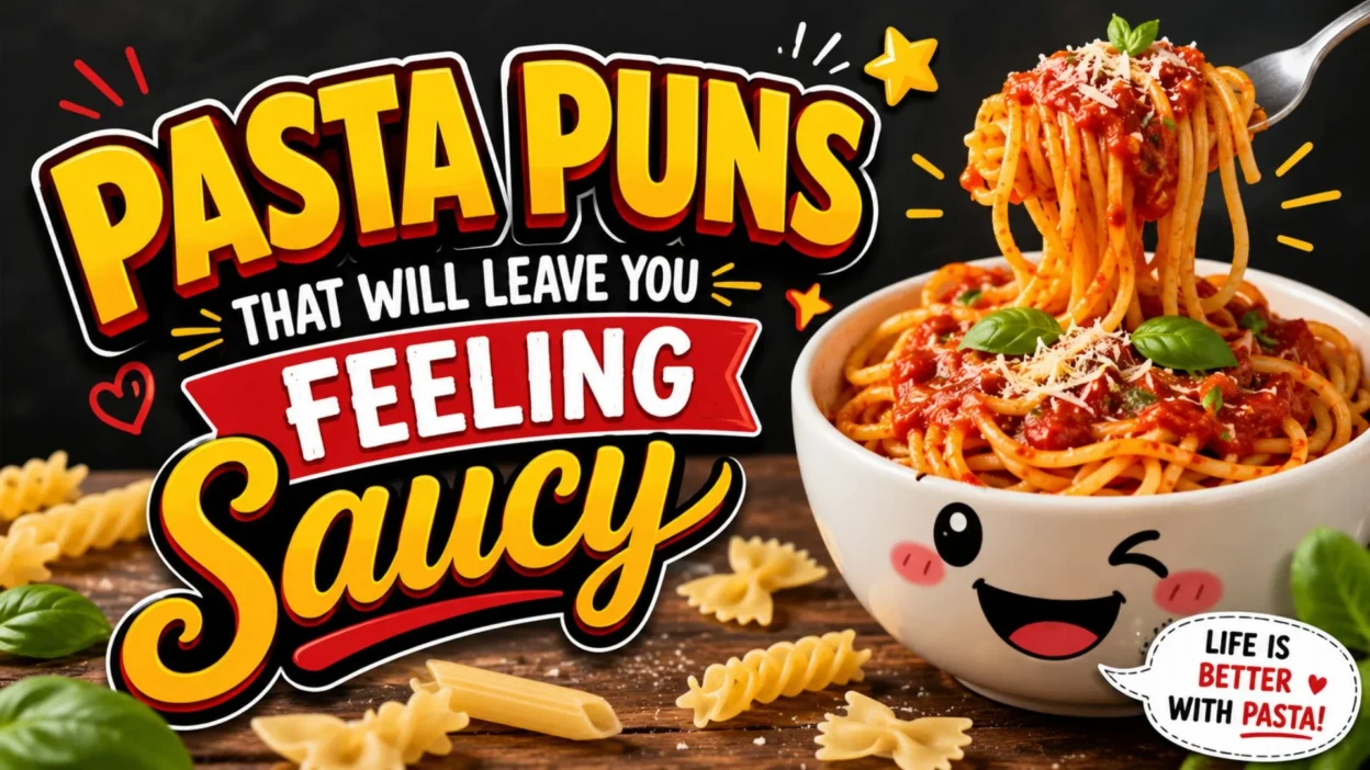 Funny pasta puns image with saucy spaghetti bowl, playful text, and cheerful food humor design