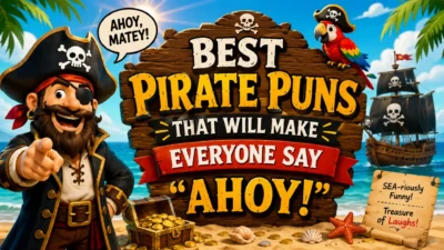 Funny pirate puns banner with smiling pirate, parrot, treasure chest, ship, and bright ocean adventure theme