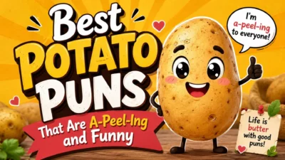 Funny potato puns cartoon banner with smiling potato mascot and playful food humour