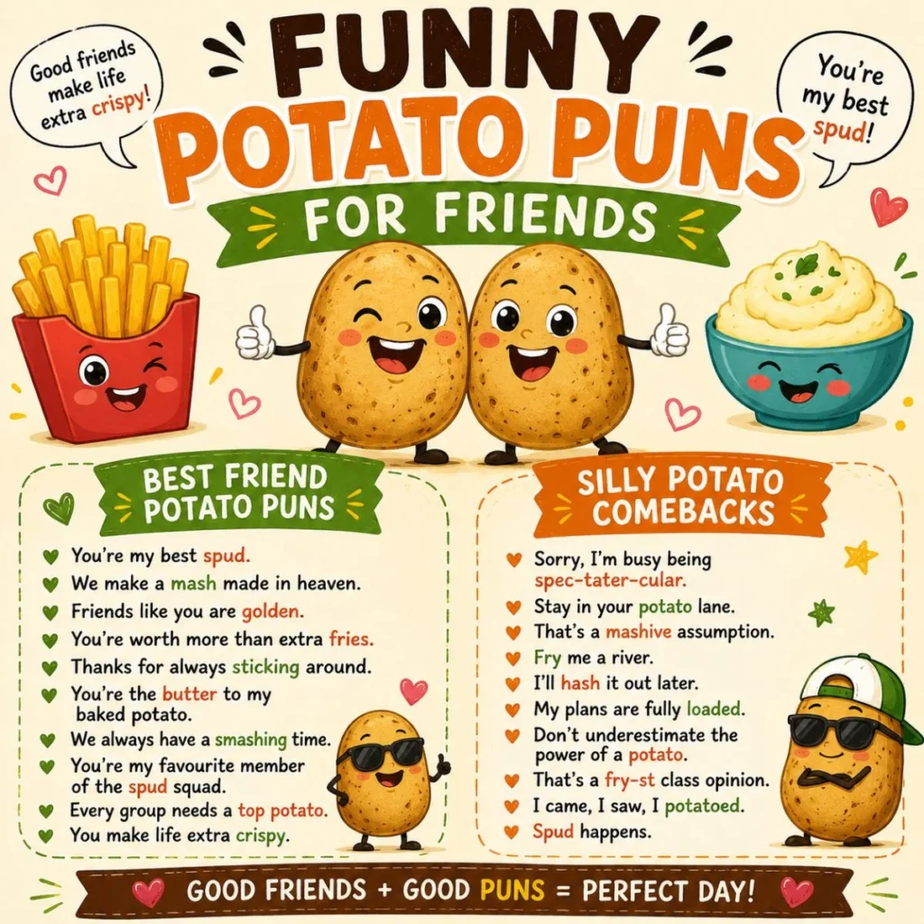 Funny potato puns for friends cartoon image with smiling potato characters and friendship jokes
