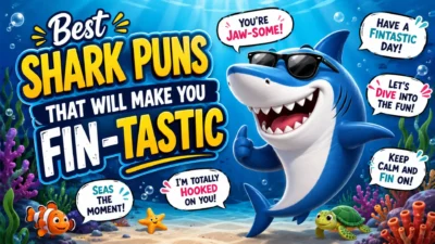 Funny shark puns cartoon image with smiling shark, ocean animals, and colourful underwater background