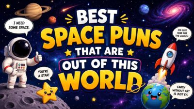Funny space puns poster with astronaut, rocket, planets, stars, and galaxy background