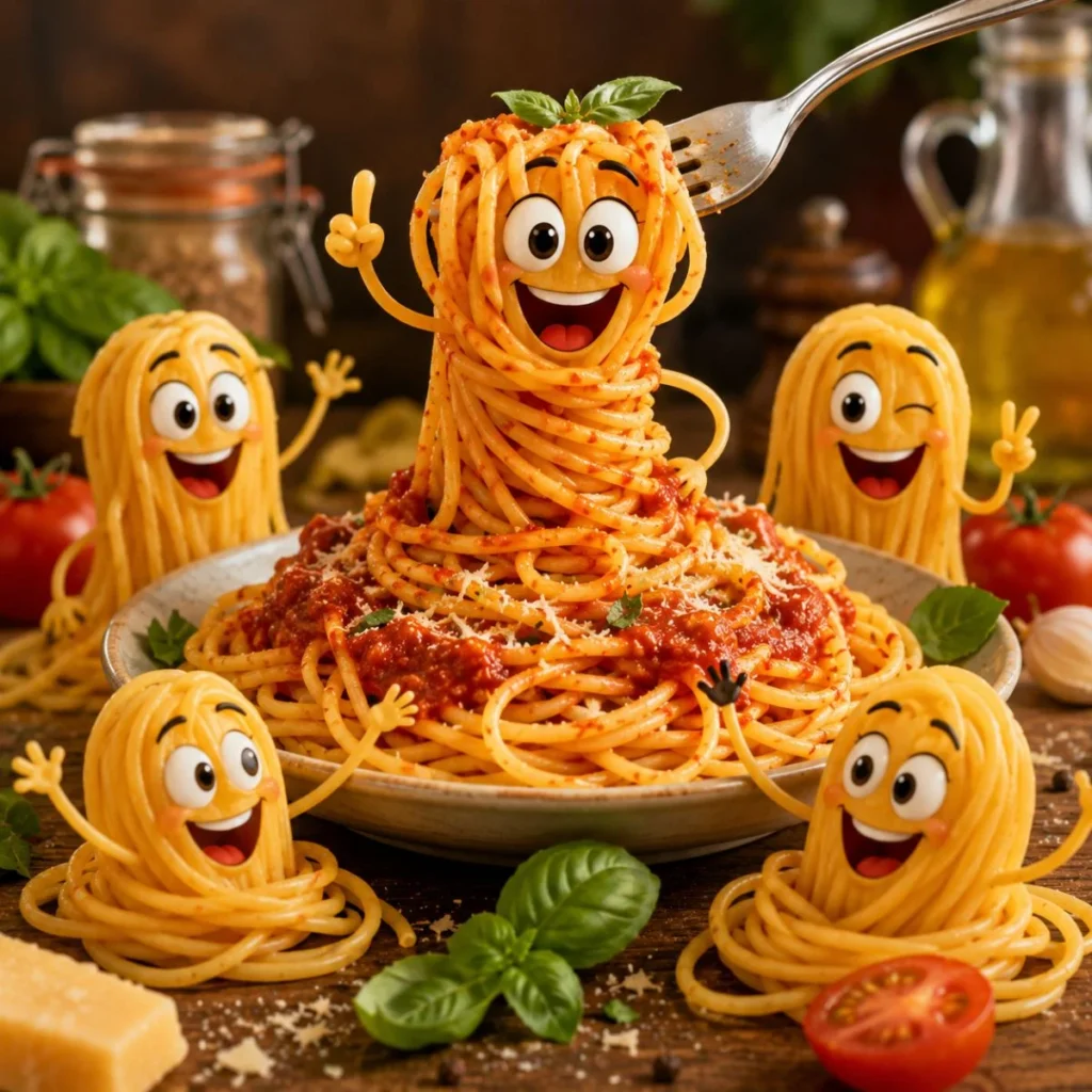 Funny spaghetti puns image with cheerful pasta characters, tomato sauce, basil, and playful food humor