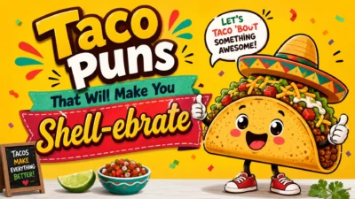 Funny taco puns cartoon image with smiling taco character and colourful party background