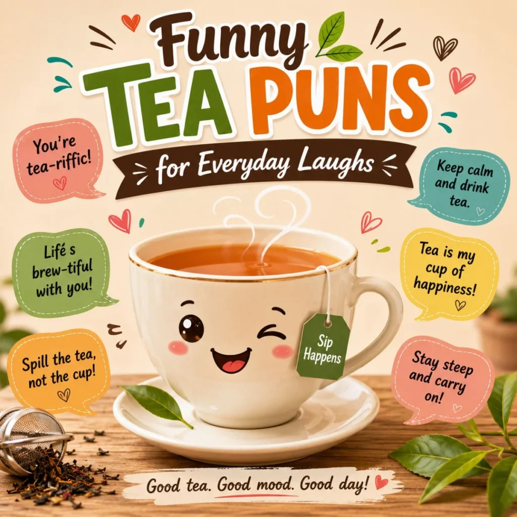 Funny tea puns poster with smiling tea cup, colorful speech bubbles, and cozy tea humor