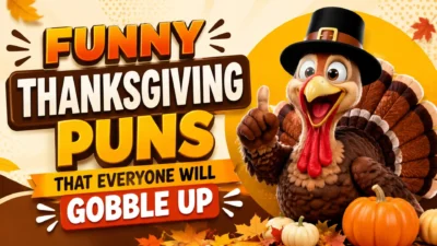 Funny Thanksgiving puns graphic with cheerful turkey, pumpkins, autumn leaves, and bold festive text