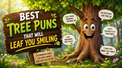 Funny tree puns cartoon image with smiling tree, forest background, and playful wooden sign
