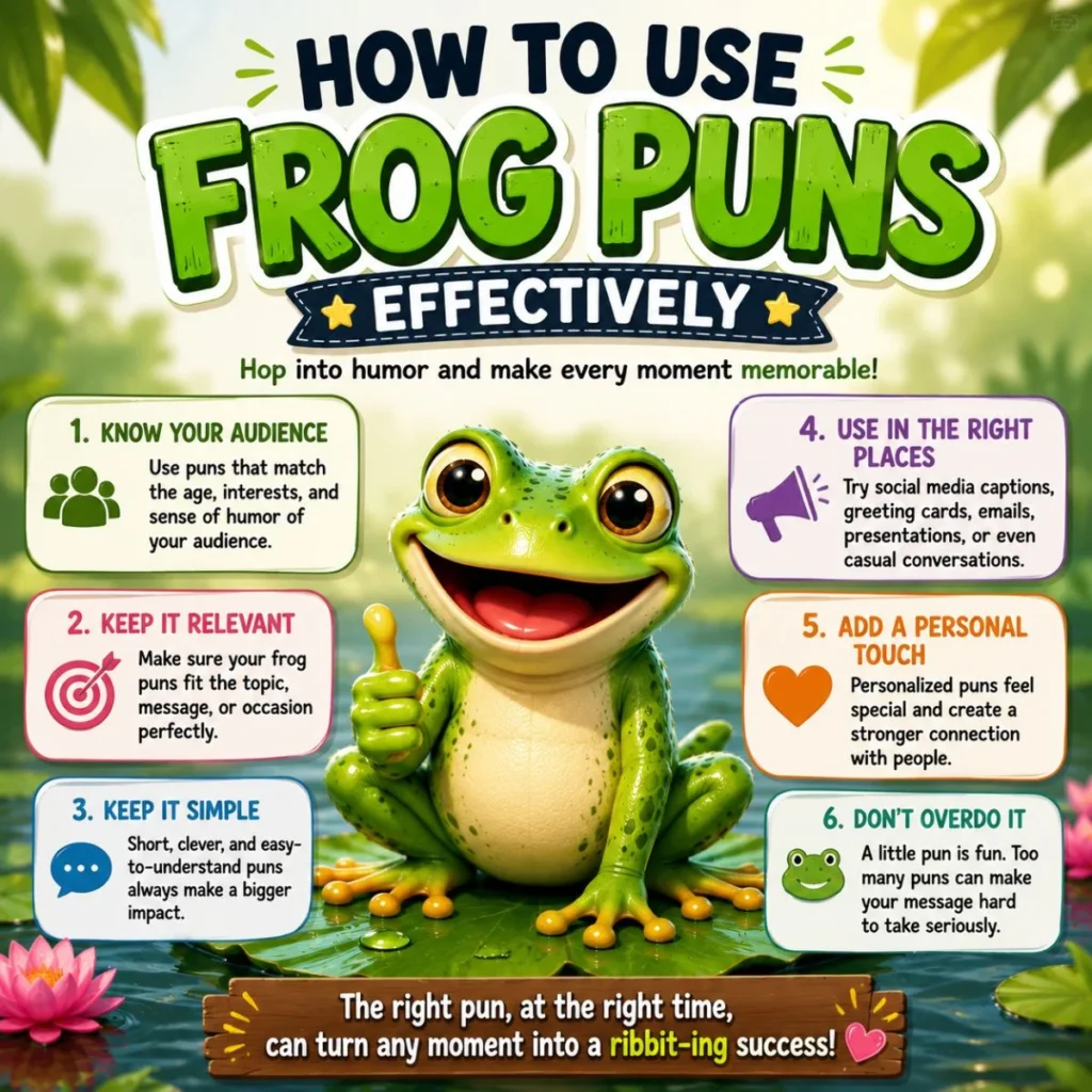 Happy frog on a lily pad with tips for using frog puns effectively in captions, cards, and conversations