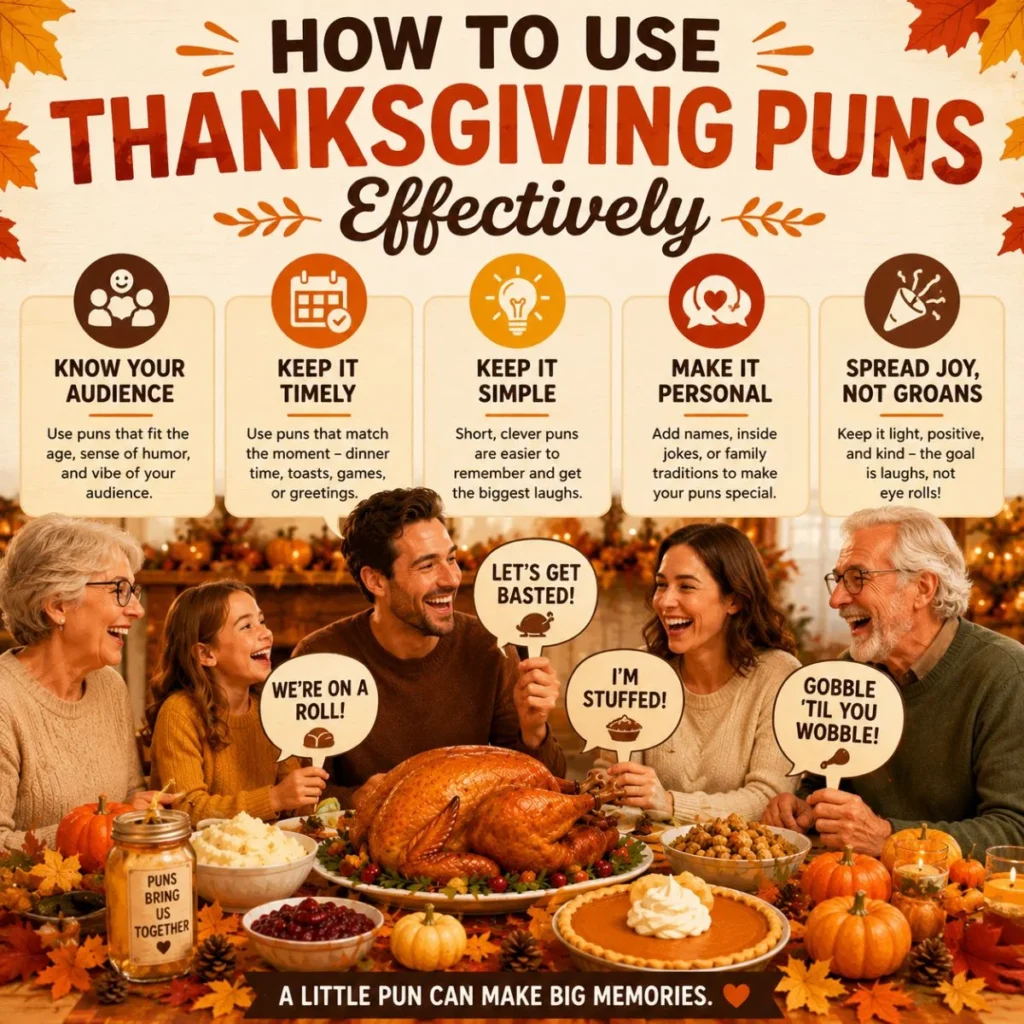 Thanksgiving puns infographic with family dinner, turkey, pie, pumpkins, and tips for using holiday jokes