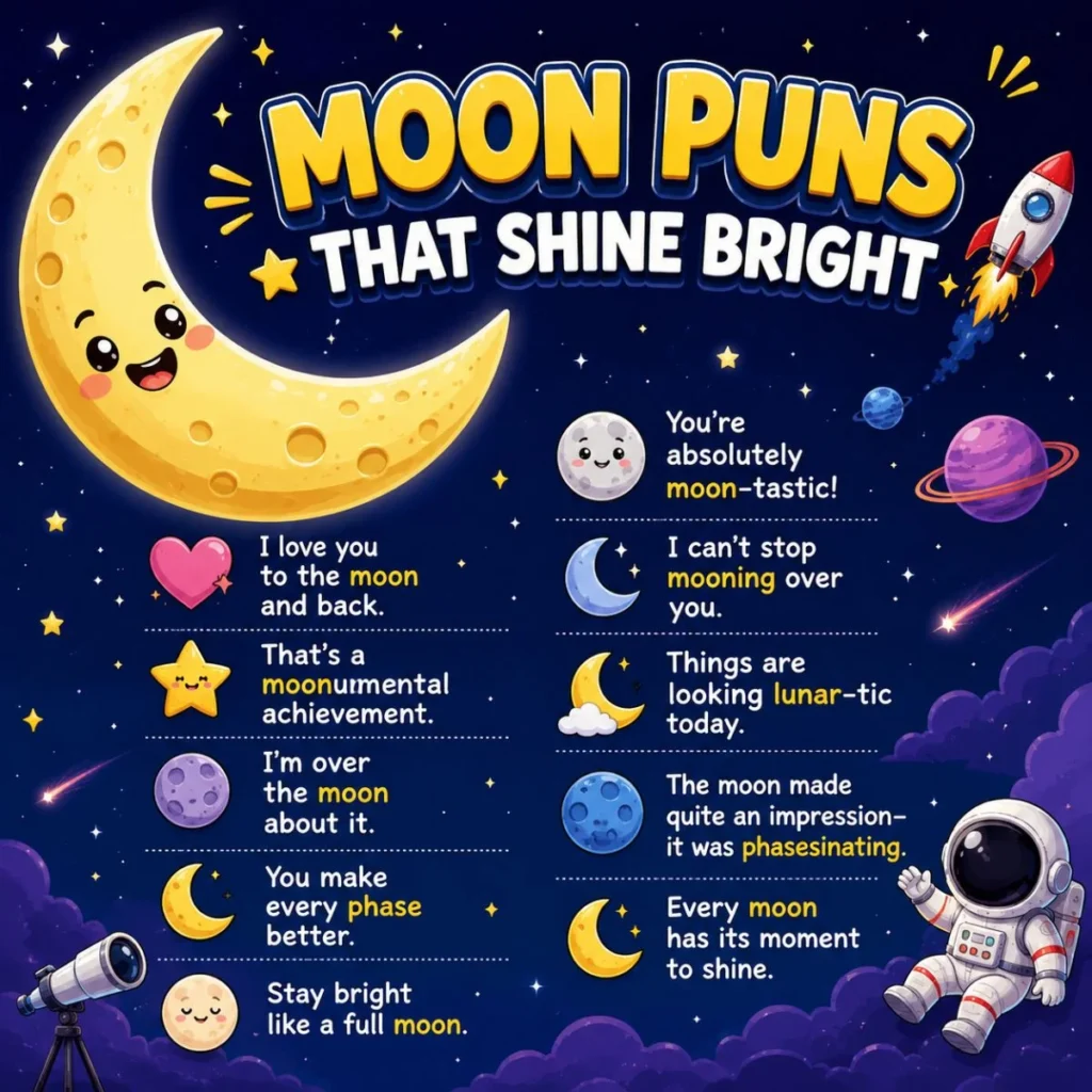 Cute moon puns illustration with smiling moon, stars, astronaut, and funny lunar jokes