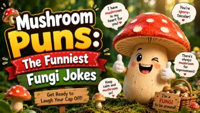 Funny mushroom puns thumbnail with cute fungi character and bold woodland joke text