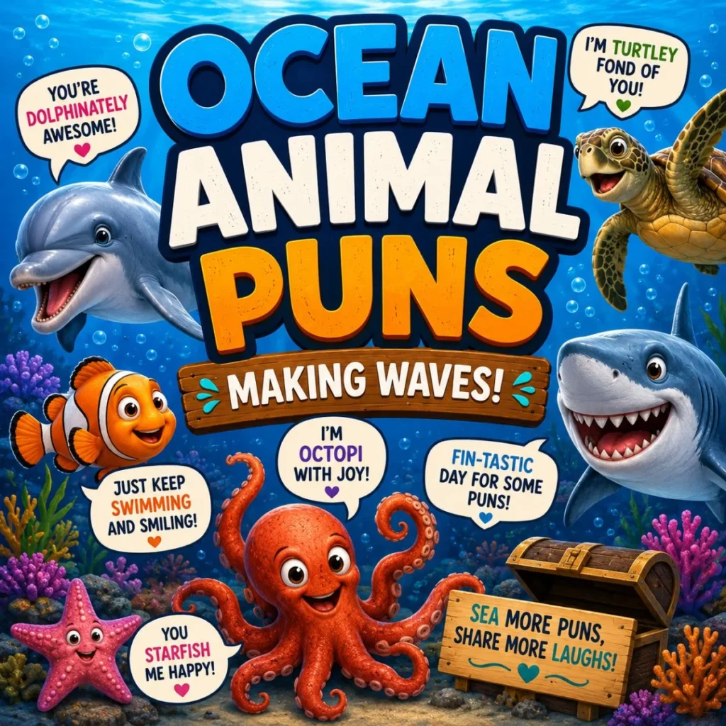 Ocean animal puns poster with dolphin, turtle, shark, octopus, clownfish, and funny making waves jokes