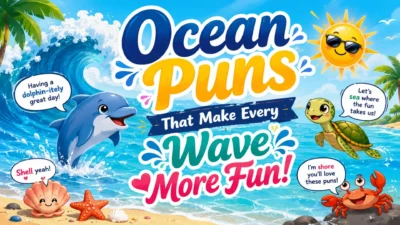 Colorful ocean puns image with waves, dolphin, turtle, crab, seashell, and sunny beach fun