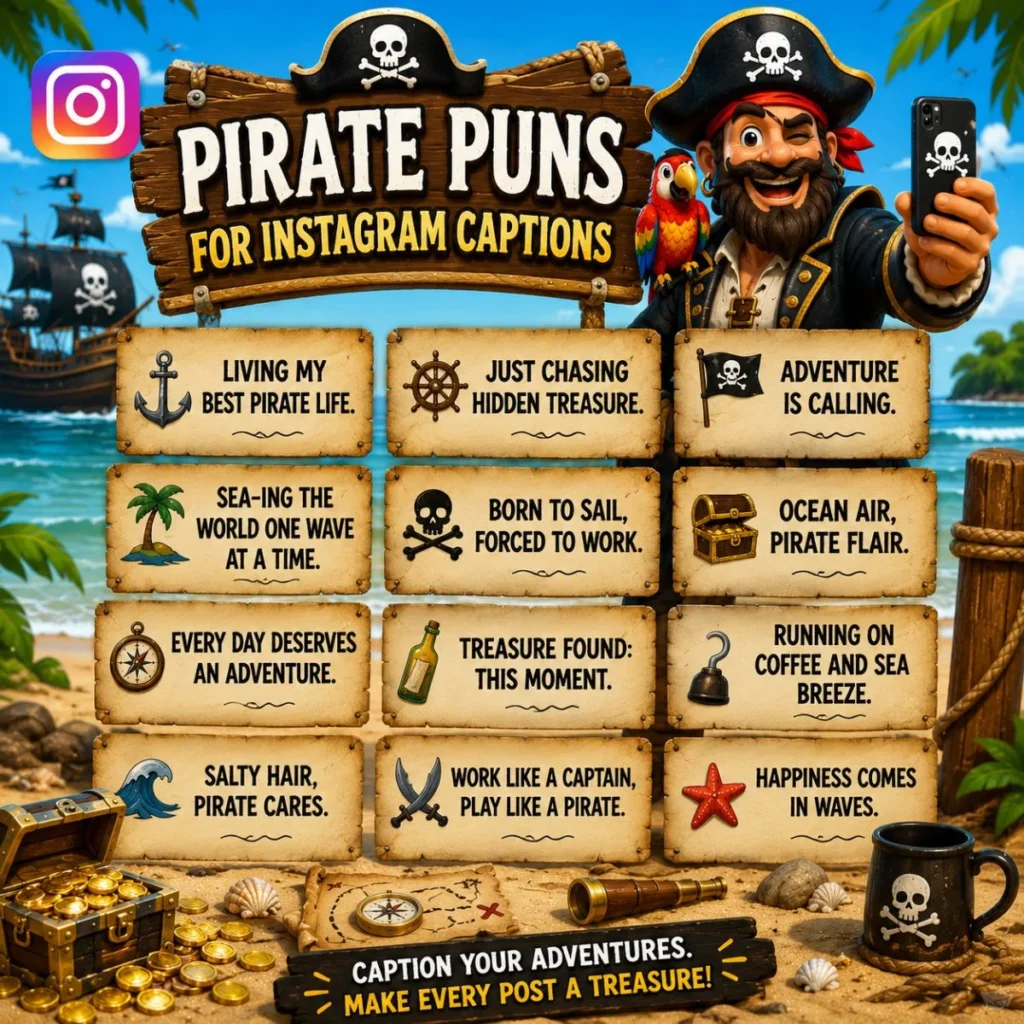 Pirate puns for Instagram captions with cheerful pirate, treasure chest, beach, and funny nautical caption ideas