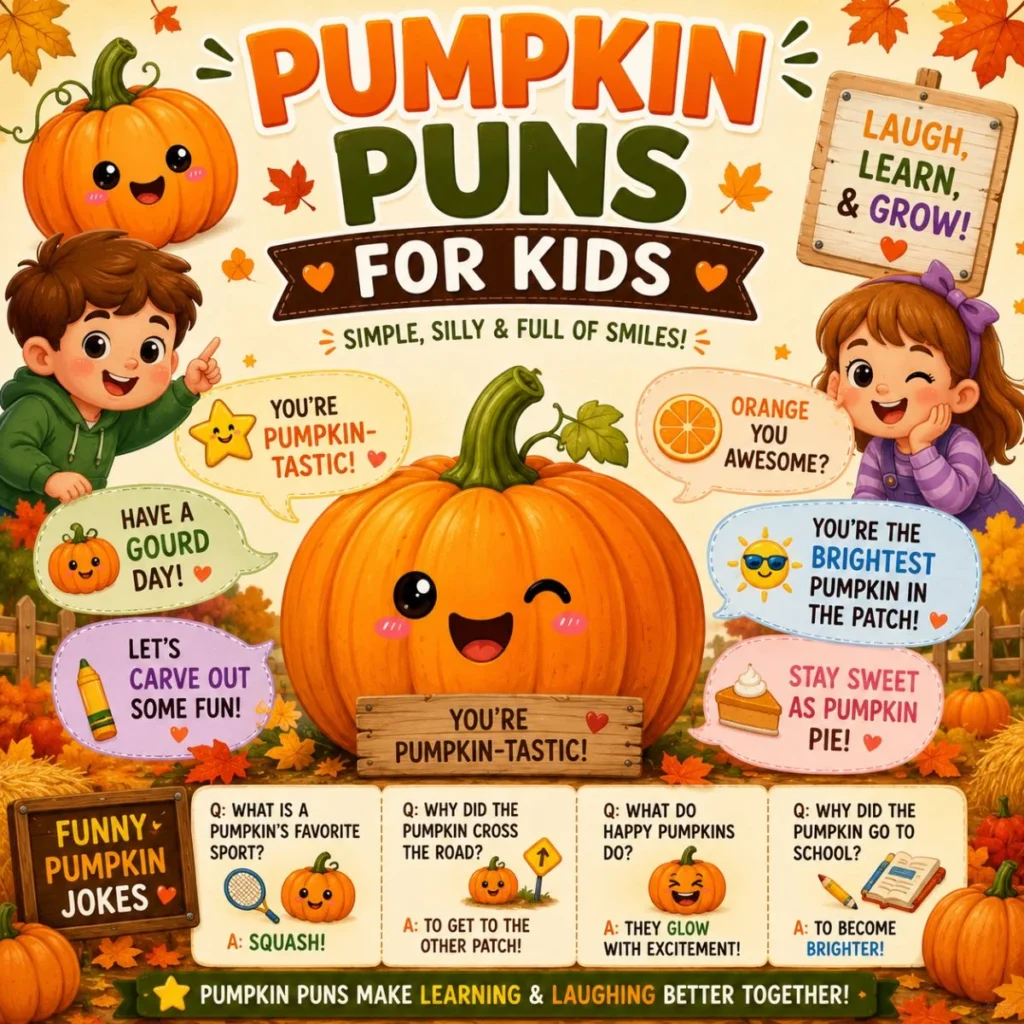 Pumpkin puns for kids poster with smiling pumpkin, happy children, fall leaves, and funny classroom jokes