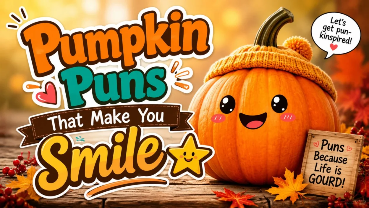 Funny pumpkin puns image with smiling pumpkin, autumn leaves, and colorful fall wordplay