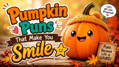 Funny pumpkin puns image with smiling pumpkin, autumn leaves, and colorful fall wordplay