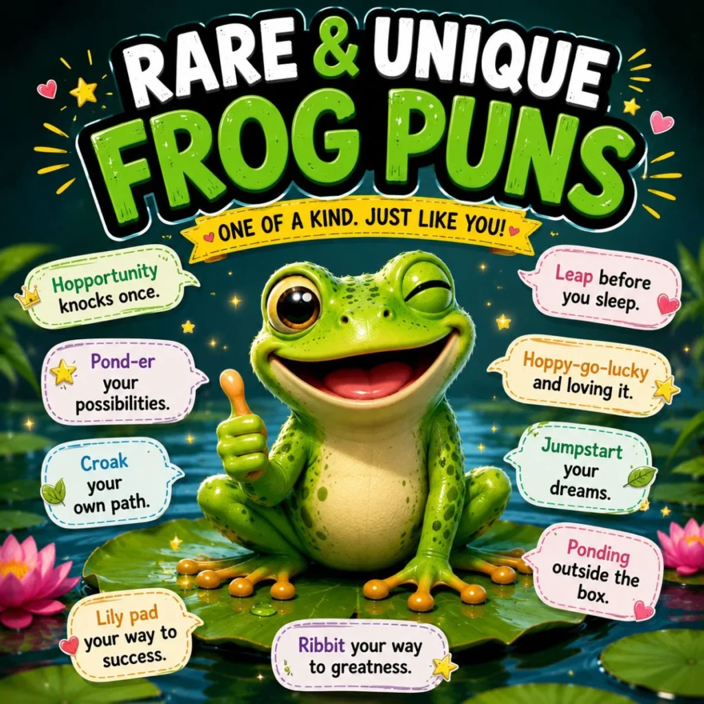Cute frog on a lily pad with rare and unique frog puns, creative wordplay, and colorful speech bubbles