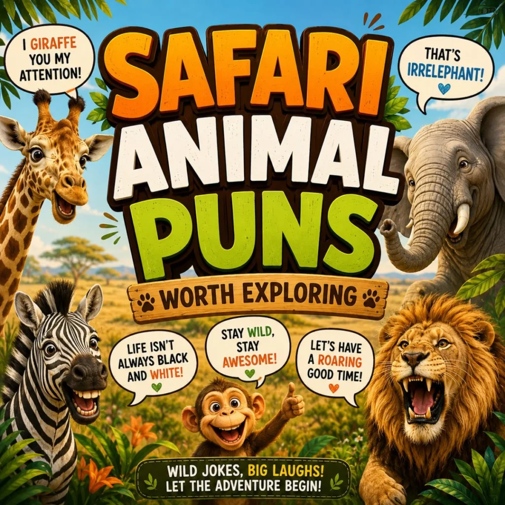 Safari animal puns poster with giraffe, elephant, zebra, lion, and funny wordplay jokes