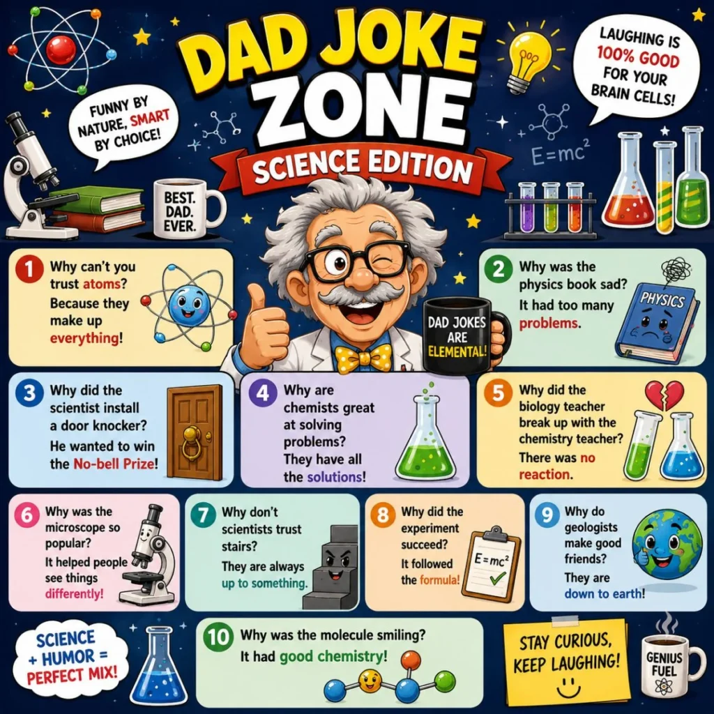 Science dad joke poster with cartoon scientist, atoms, lab flasks, microscope, and funny science puns