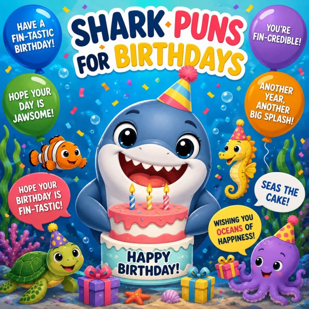 Shark birthday puns cartoon with smiling shark, birthday cake, balloons, gifts, and colorful underwater party