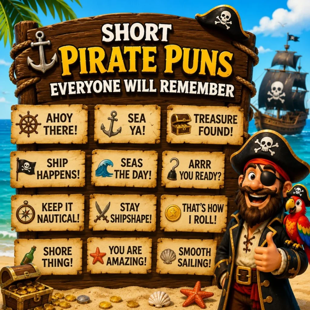 Short pirate puns poster with smiling pirate, parrot, treasure chest, ship, and funny nautical wordplay