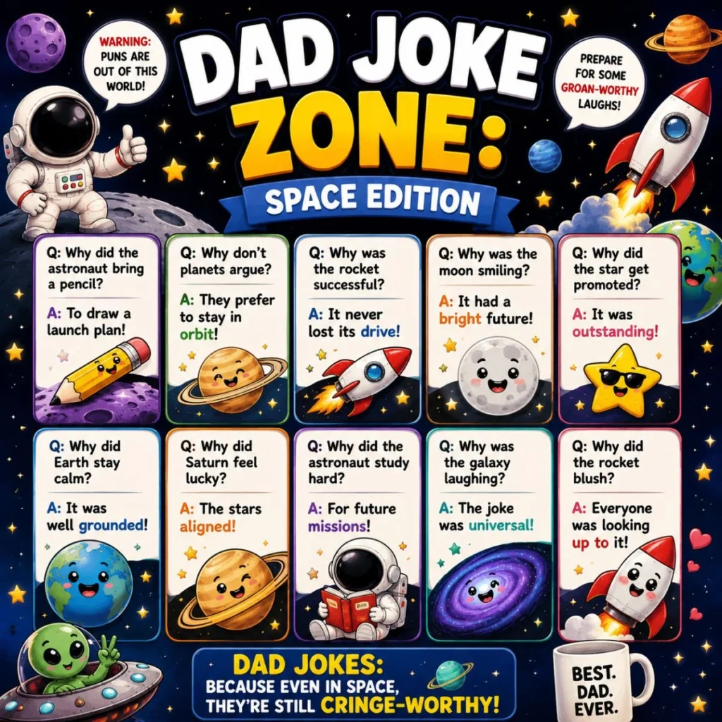 Space dad joke poster with astronaut, rocket, planets, funny joke cards, and colorful galaxy background