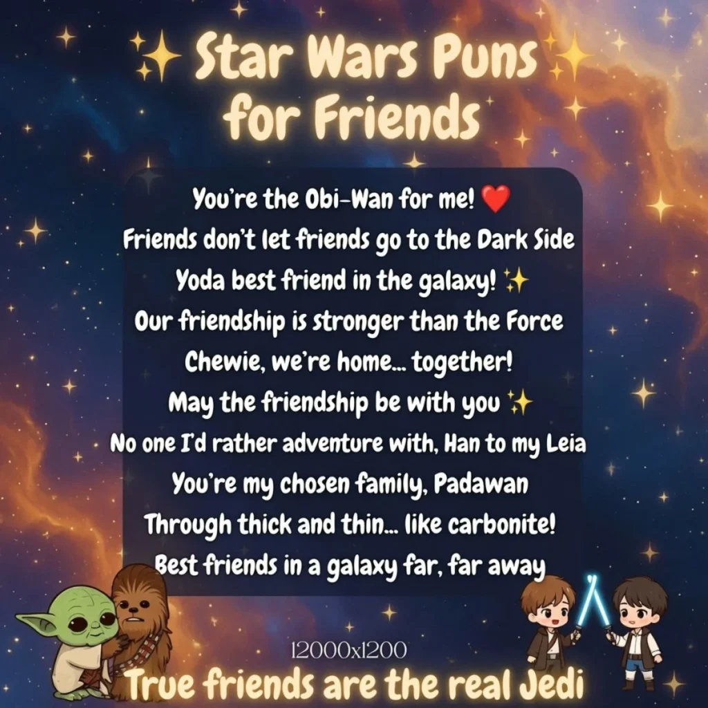 Star Wars puns for friends poster with heartfelt Jedi friendship quotes, Yoda, Chewbacca and lightsaber hugs in cosmic style
