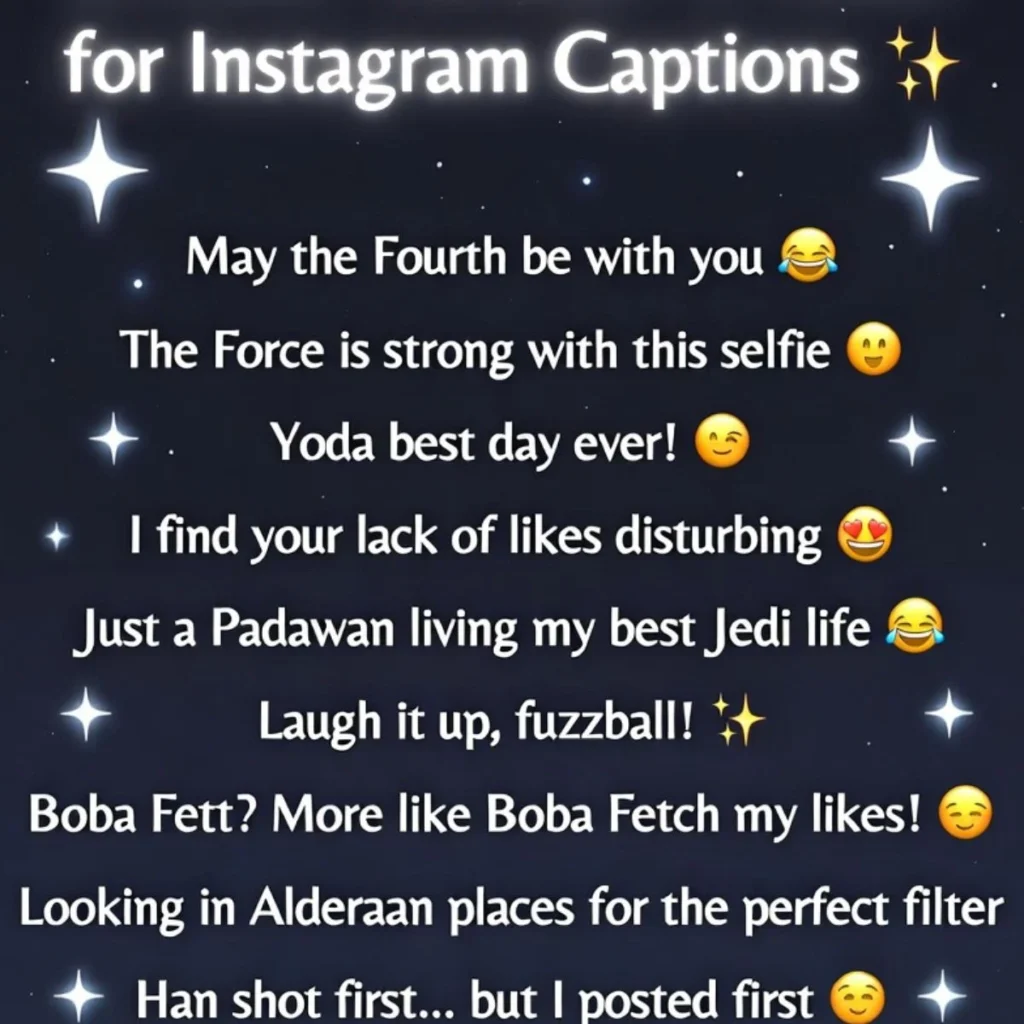 Star Wars puns for Instagram captions poster with funny Jedi quotes, Yoda, Darth Vader and Chewbacca in space theme