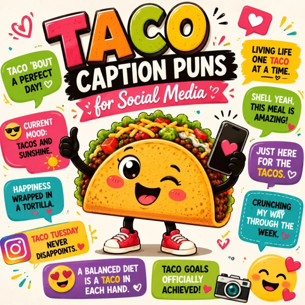 Taco caption puns for social media with cheerful taco character, smartphone, and colourful social-themed design