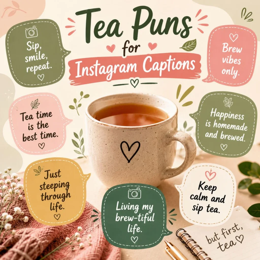 Tea puns for Instagram captions with cozy mug, pastel speech bubbles, and cute tea quotes