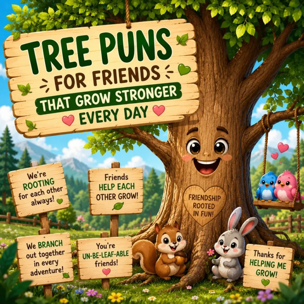 Tree puns for friends cartoon image with smiling tree, cute animals, and friendship signs